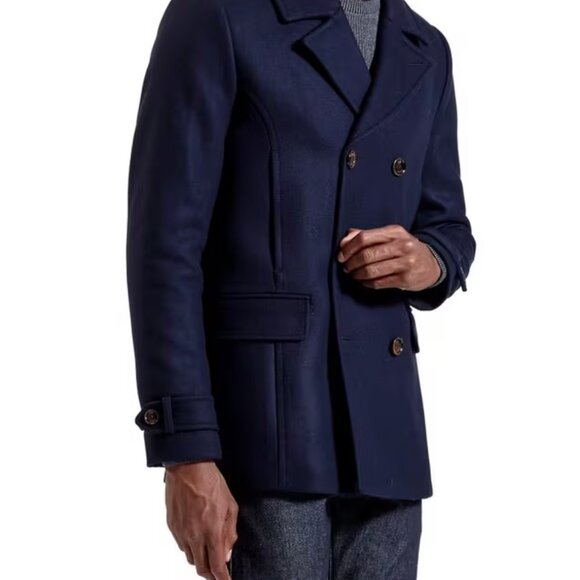 Men’s Ted Baker Navy Ossain Herringbone Wool Blend Peacoat Jacket, Size 4 Large - Picture 2 of 14